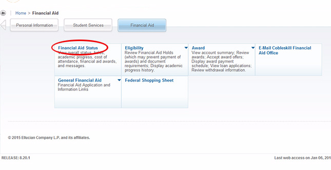 Click on Financial Aid Status - screenshot